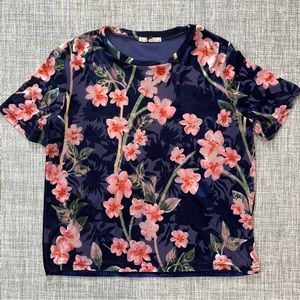 Zara Trafaluc Women’s‎ Top Size Small Blue Pink Floral Velour Short Sleeve Shirt